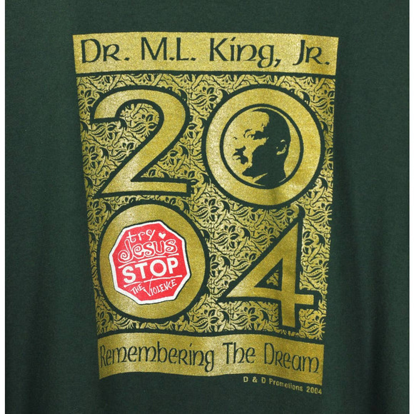 Vintage Y2K Jerzees 2004 Dr. Martin Luther King Jr. Green and Gold T-Shirt - Picture 2 of 8